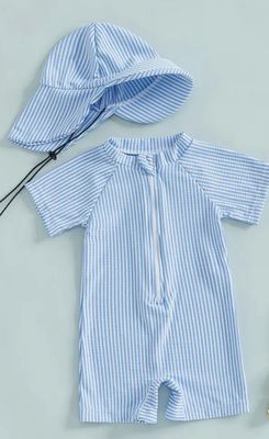 Blue Stripe One Piece Swim Suit  with Hat