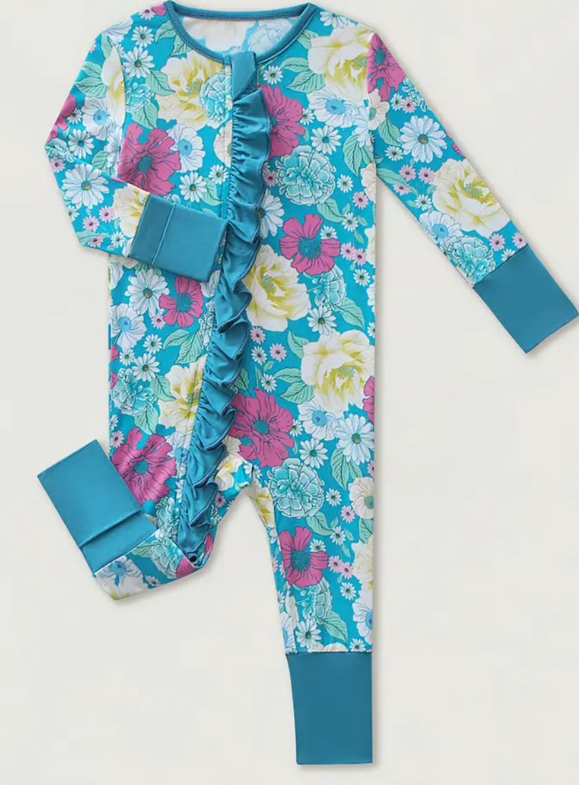 Teal Flower Ruffle Bamboo Sleeper