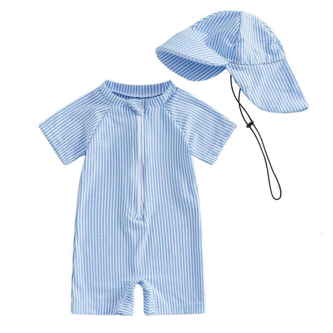 Blue Stripe One Piece Swim Suit  with Hat