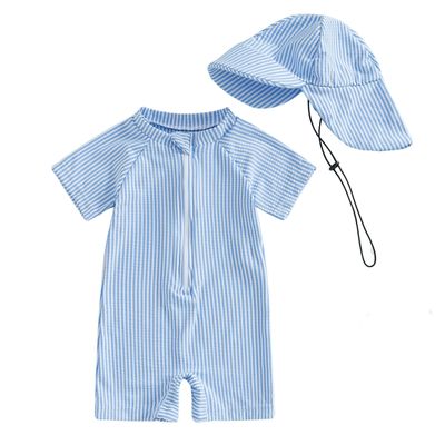 Blue Stripe One Piece Swim Suit  with Hat