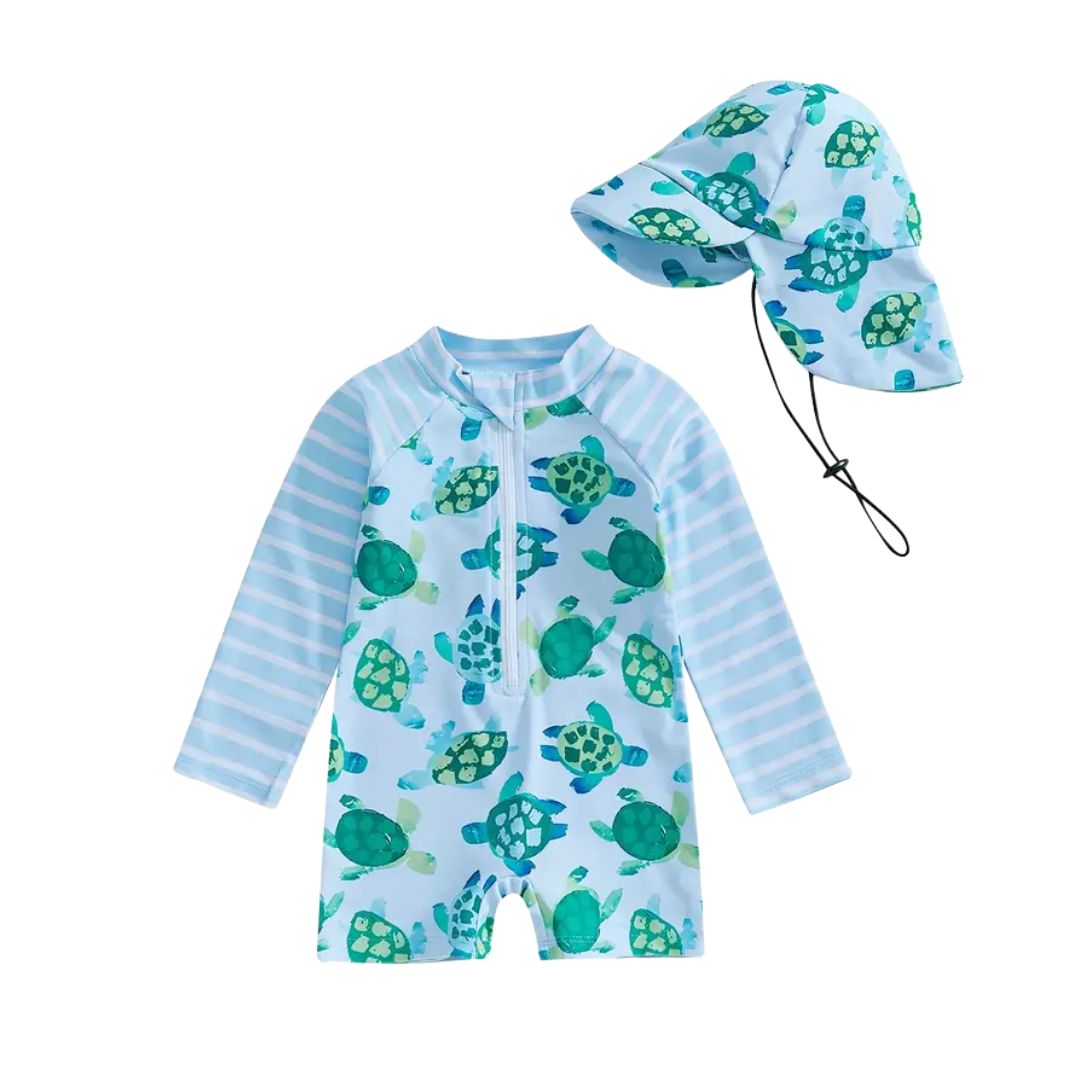 Turtle Long Sleeve Swimsuit + Hat