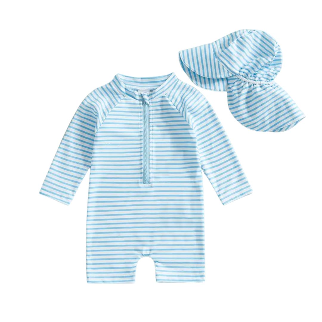 Blue Long Sleeve Swimsuit + Hat