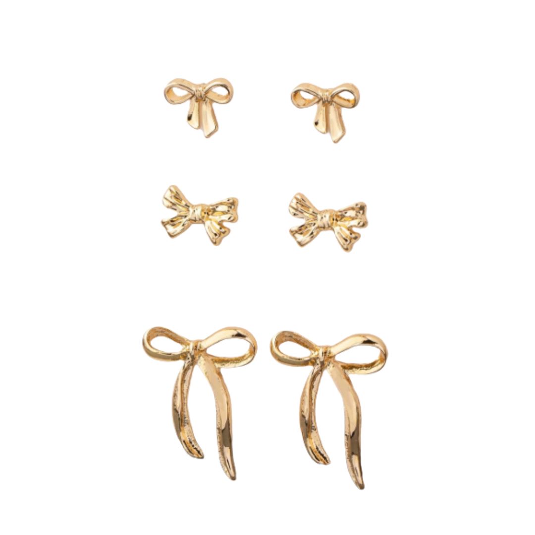 3 Pair Gold Bow Earring Set