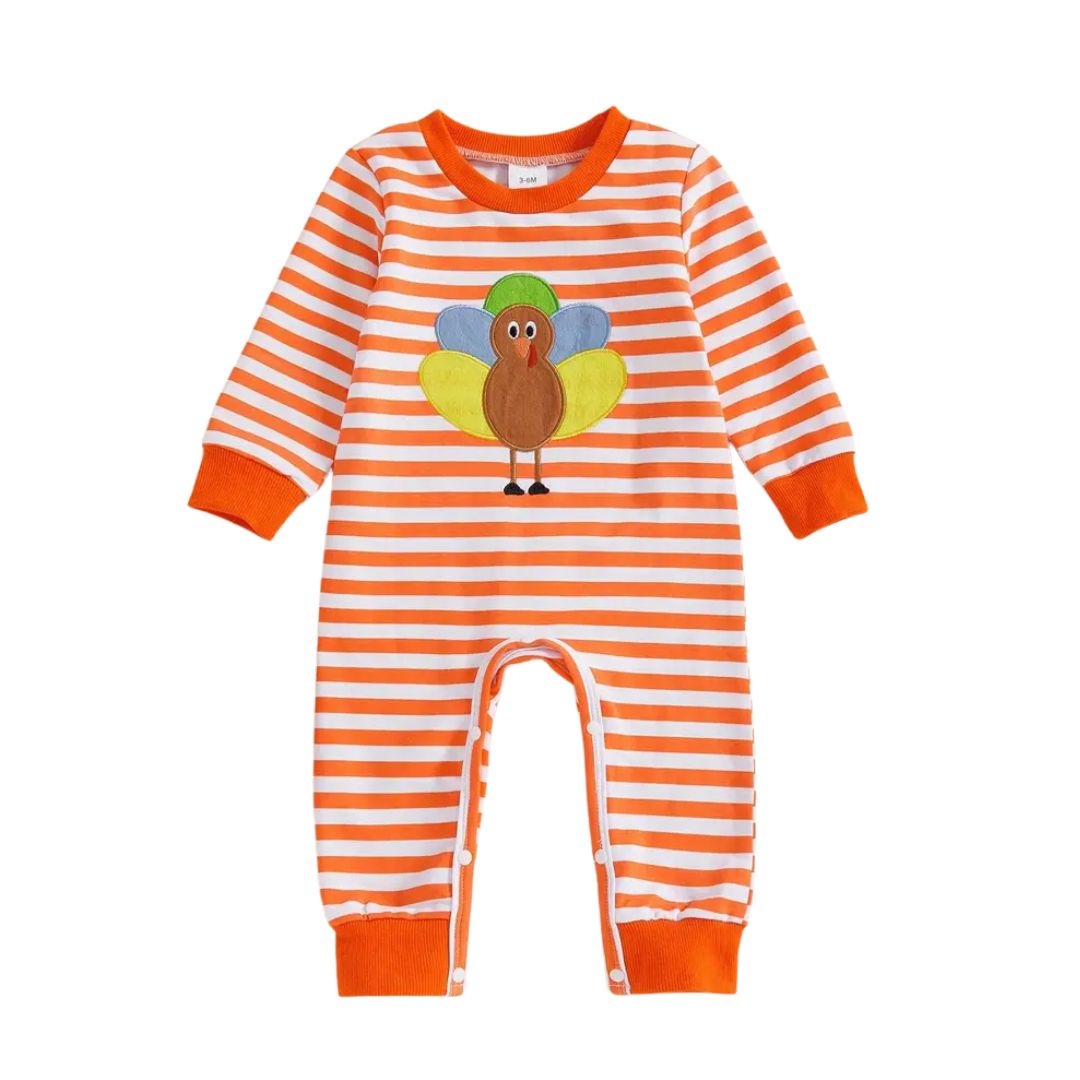 Orange Striped Turkey Long Sleeve Romper