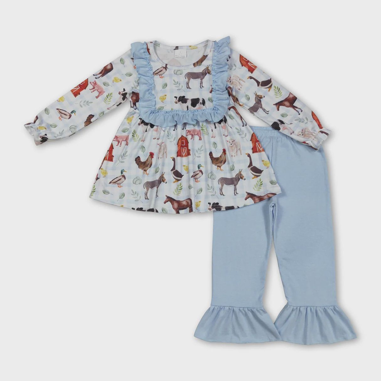 Light Blue Plaid Ruffle Farm Pant Set
