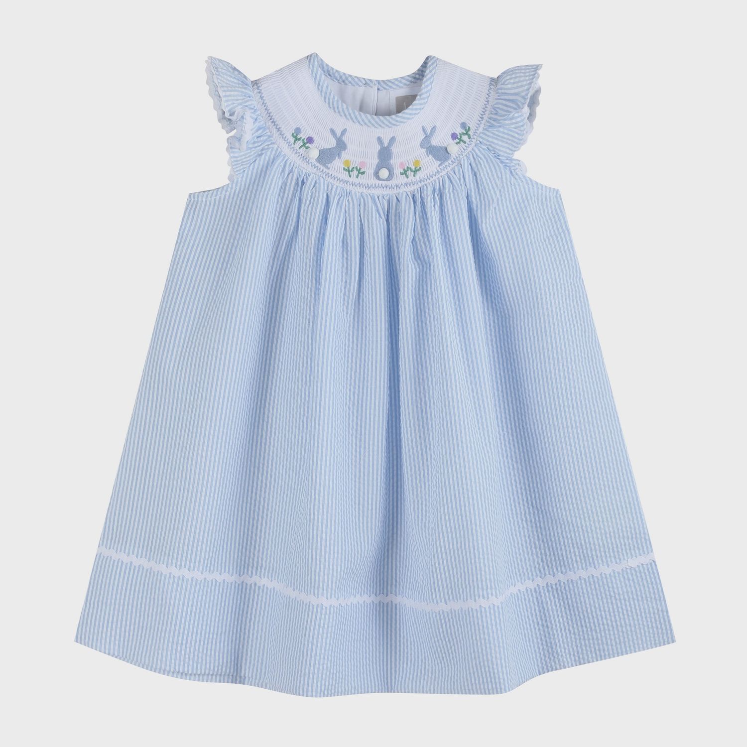 Light Blue Seersucker Easter Bunny Smocked Bishop Dress