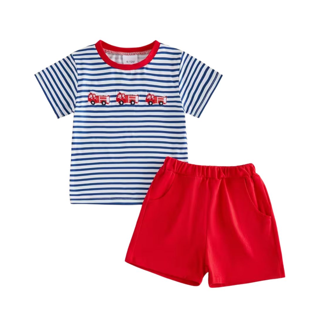 Striped Fire Truck Short Set