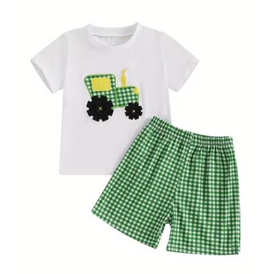 Green Gingham Tractor Short Set