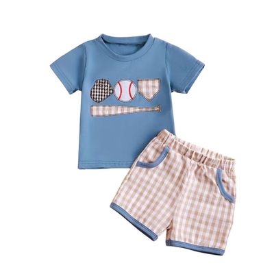 Tan Gingham Baseball Short Set