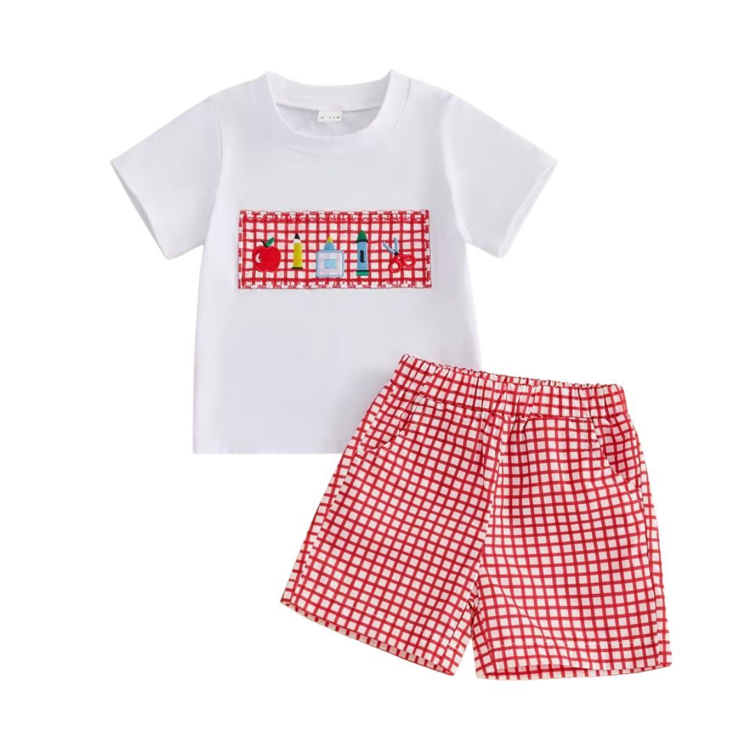 Red Gingham School Short Set