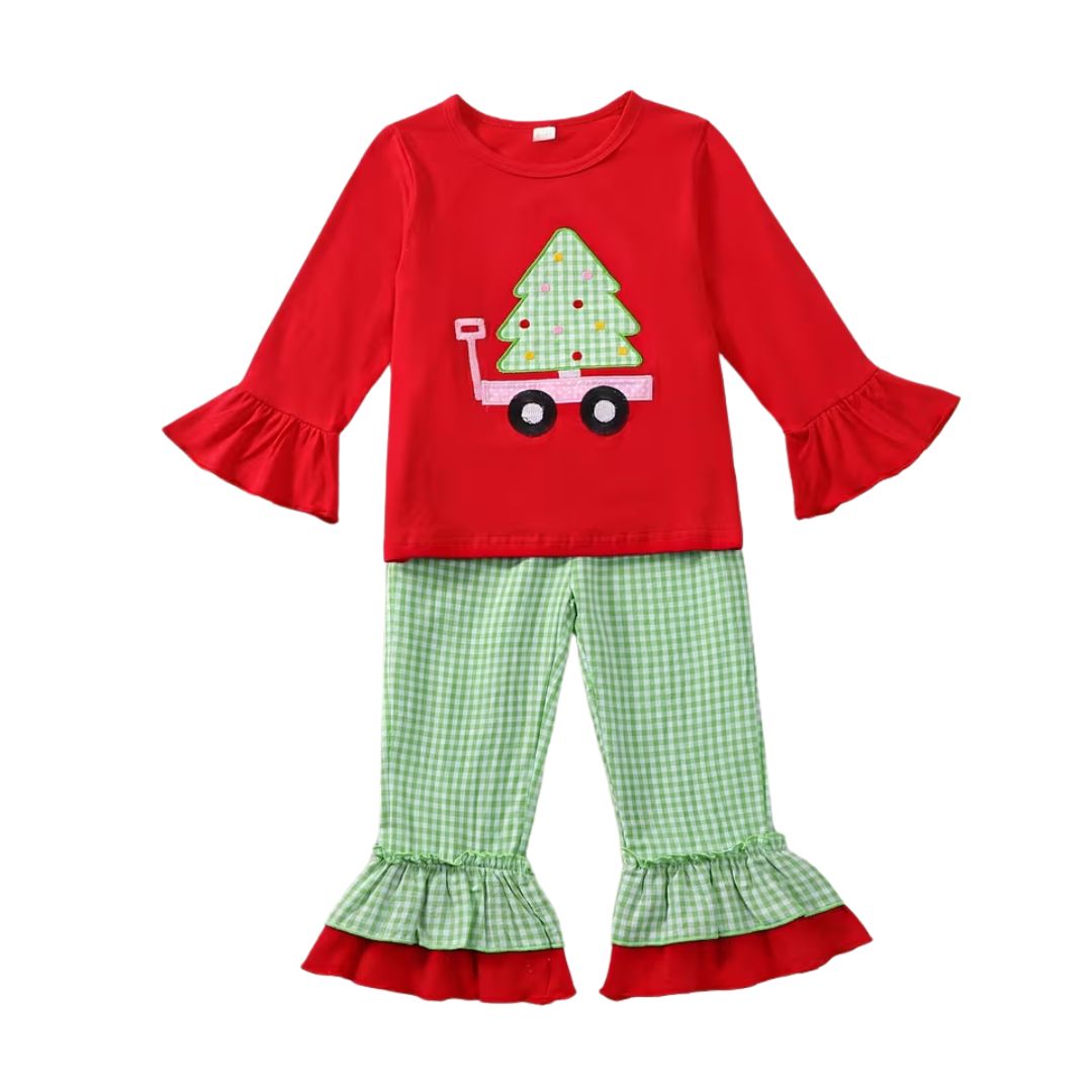Pink Christmas Tree Wagon Ruffle 2-Piece Set
