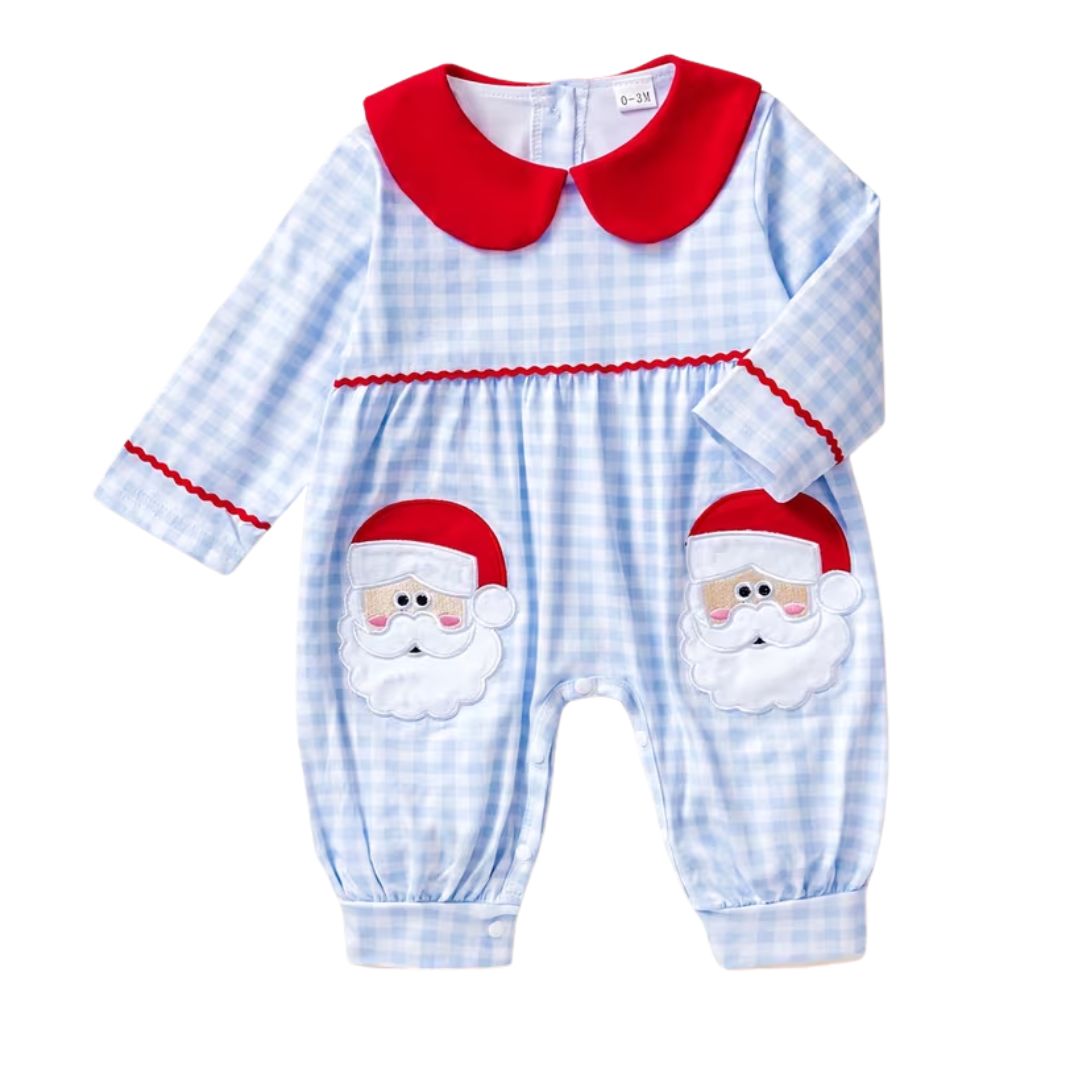Blue Stripe Peter Pan Collar Santa Romper