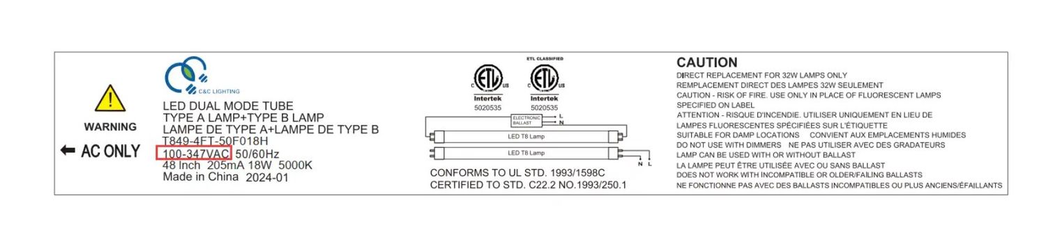 4 T8 120-347V A+B 18W 5K