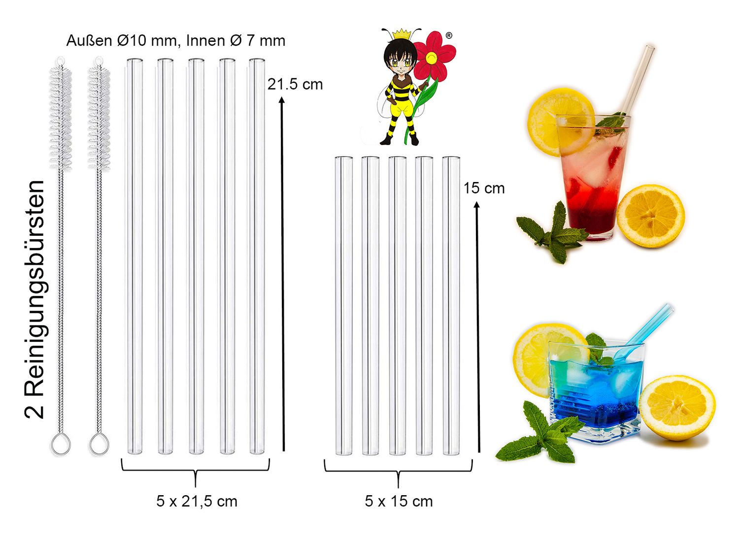Glasstrohhalme 10er-Set + 2 Bürsten – wiederverwendbar, nachhaltig &amp; spülmaschinenfest
