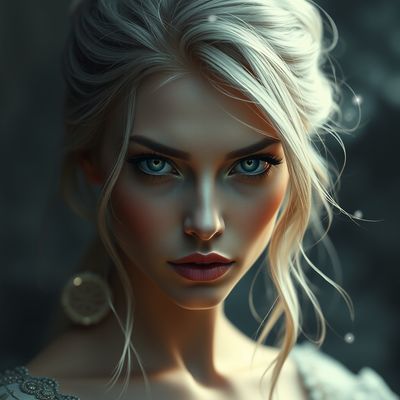 Sinnliche, mystische Frau mit hochgesteckten blonden Haaren und blauen, hypnotischen Augen.