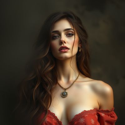 Sinnliche Frau mit langen dunklen Haaren und hypnotischem Blick. Sie trägt ein rotes, tief ausgeschnittenes Oberteil.