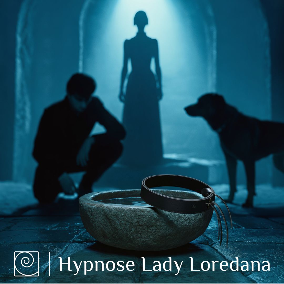 Lady Loredana Hypnose Bundle – schwarzes Lederhalsband neben Wassernapf, zwei Schatten (kniend und bellend), dominante Frau