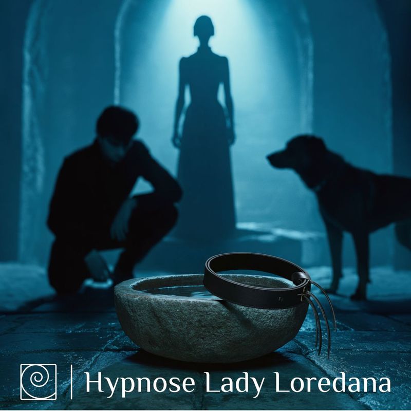 Lady Loredana Hypnose Bundle – schwarzes Lederhalsband neben Wassernapf, zwei Schatten (kniend und bellend), dominante Frau