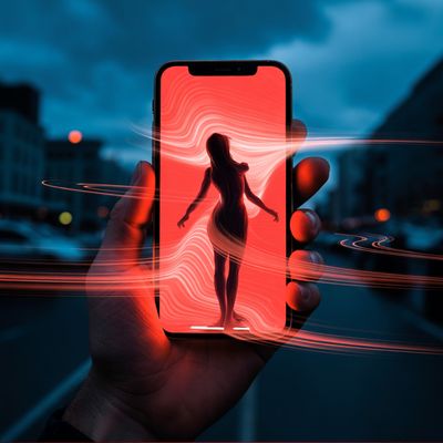 Exklusive Echtzeit-Erlebnisse – rotes Smartphone mit hypnotischen Wellen und dominanter Silhouette