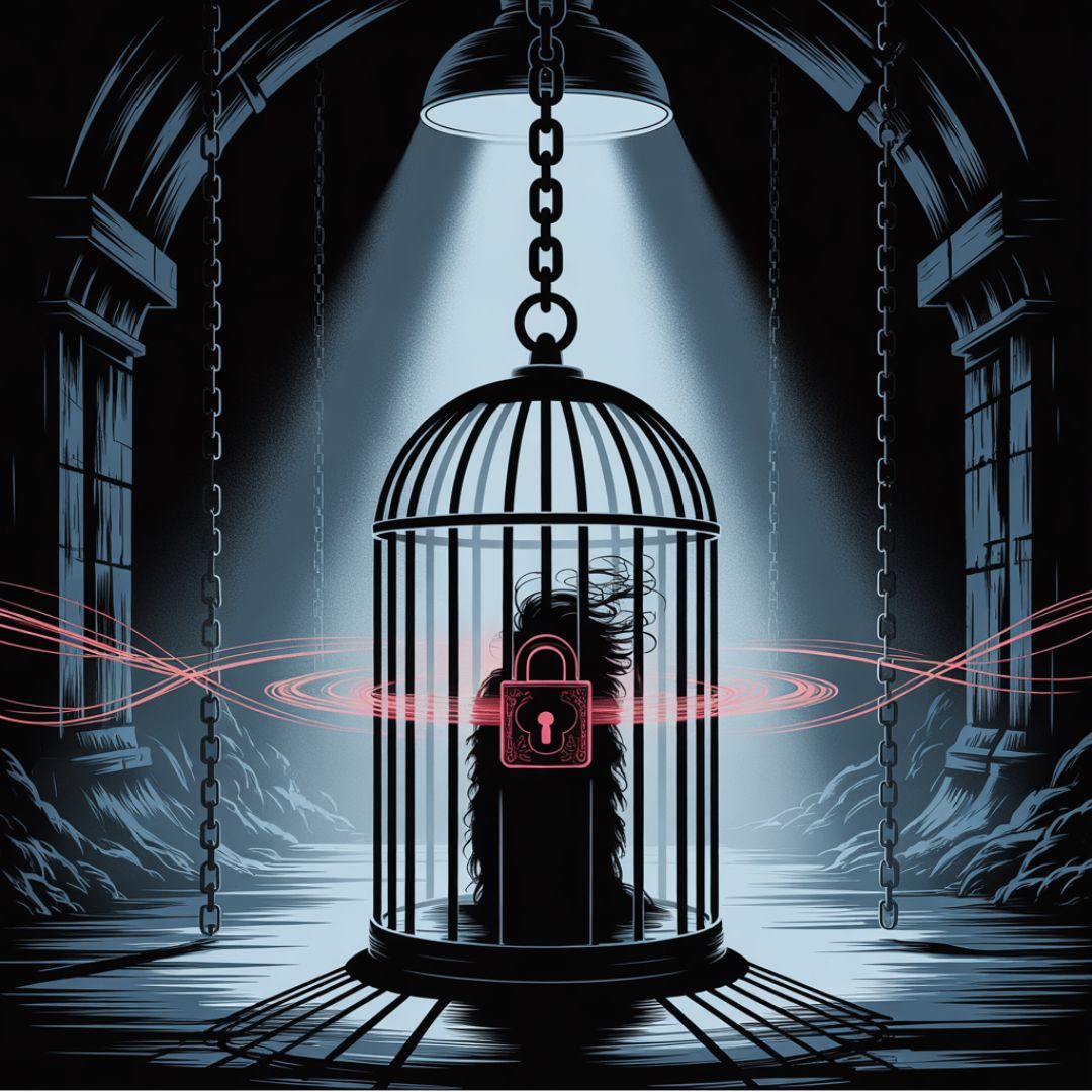 Hypnose-File MindMaster – Gefangen im Locktober: dunkler Käfig, Schloss und Ketten, Symbol für Keuschheit und Kontrolle