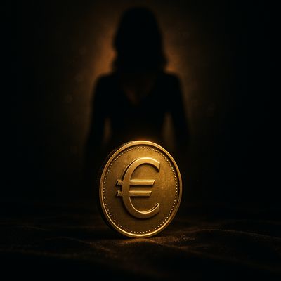 Luxuriöses Findom-Motiv mit goldener Euro-Münze auf schwarzem Samt, Symbol für Macht, Kontrolle und Lady Loredanas Dominanz.