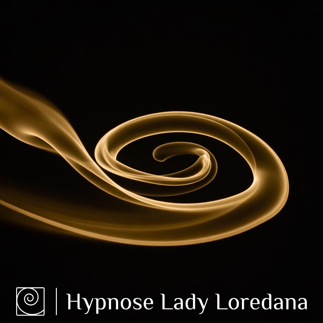 Abstraktes Hypnose-Cover mit goldener Spirale auf Schwarz – OBEDIENCE CORE™, Hypnose zur mentalen Kontrolle von Lady Loredana