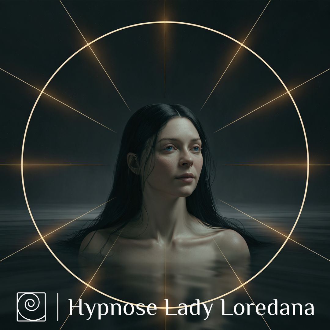 7 goldene Lichtfäden in Dunkelheit, Symbol für Klarheit, mentale Kontrolle und Fokus in Lady Loredanas Hypnose-Collection.