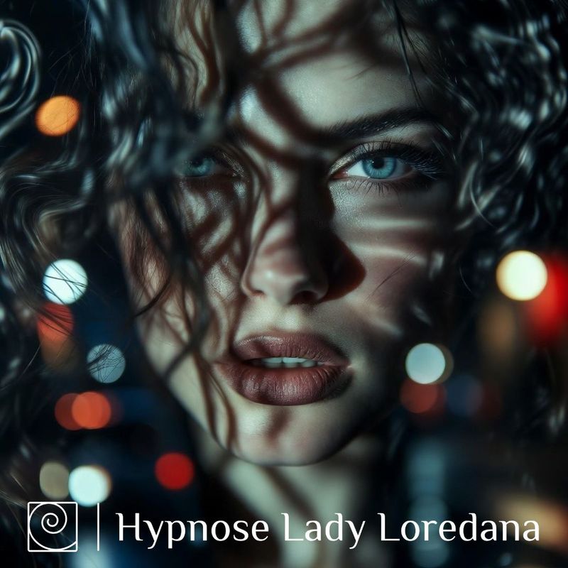 Lady Loredana Erotische Hypnose Willenlos 2.0 – Frau mit Locken und intensiven blauen Augen in Schatten und Lichtern