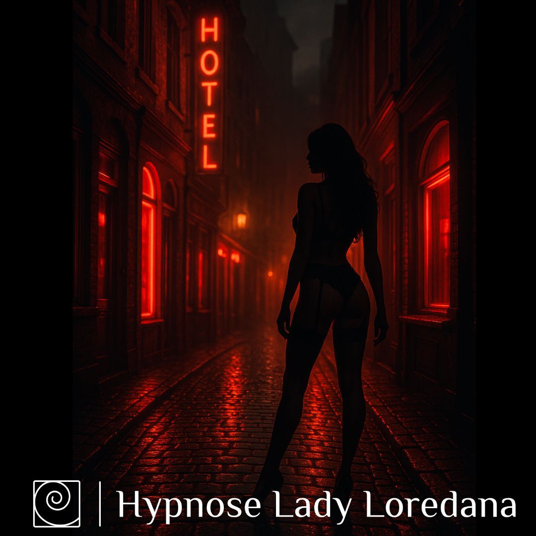 Düstere Gasse in der Stahlstraße bei Nacht – feminine Silhouette. Hypnose-File von Lady Loredana über Kontrolle und Hingabe.