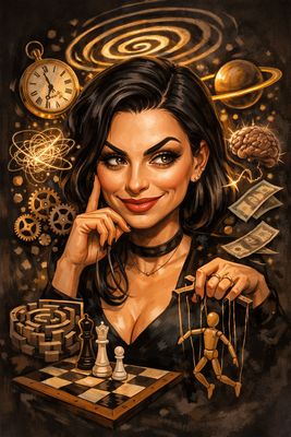 Femdom Marionettenspielerin mit unsichtbaren Fäden an Holzpuppe, hypnotische Spirale, Gehirn, Geld – mentale Dominanz, Trance