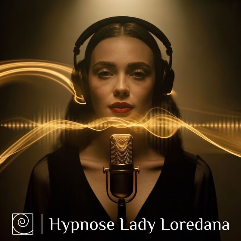 Suchtspur | Wenn deine Gedanken nach meiner Stimme verlangen Frau im goldenen Licht, Schallwellen fließen in den Hörer – Lady Loredana Hypnose über Faszination und mentale Bindung