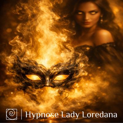 Hypnose-Cover mit goldener Maske und warmem Nebel – Symbol für Lady Loredanas „Gas der Gehorsamkeit“ Hypnose Trigger Loop