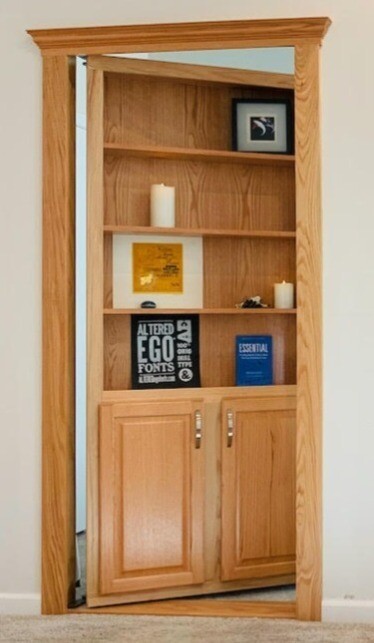 Hidden Bookcase Door 36"x 80" Red Oak Single Mount with cabinet doors