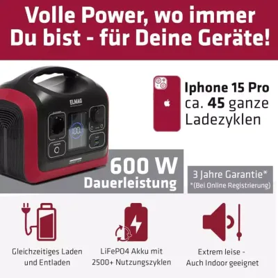 ELMAG Powerstation ENERGY 600 600W, LiFEPO4 Akku mit 595Wh