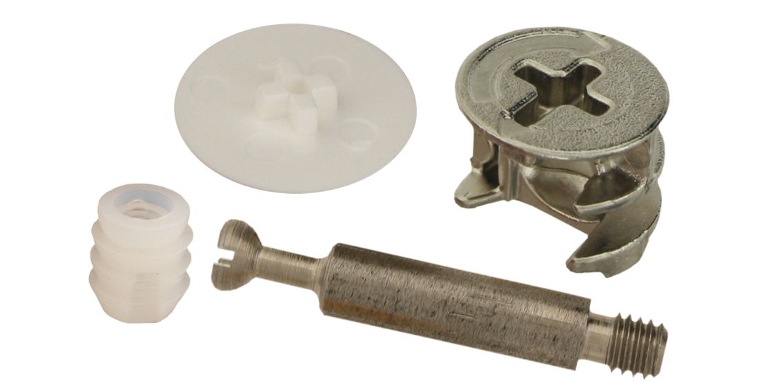 Excenterbeschlag vernickelt m. Kappe weiß 15 mm