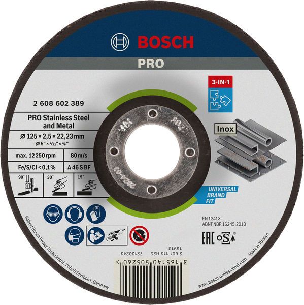 BOSCH PRO Stainless Steel and Metal 3-in-1 Disc, 125 x 2,5 x 22,23 mm