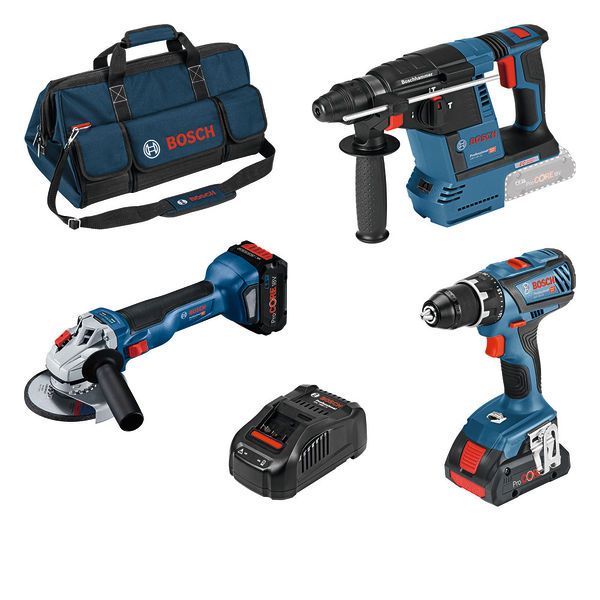 BOSCH Combo Kit 3-teilig 18V: GSR + GWS + GBH + 2 x ProCORE18V + GAL + Werkzeugtasche