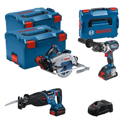 BOSCH Combo Kit Set mit 3x 18V: GSB 18V-110C/GKS 18V-68GC /GSA 18V-28 /3 x Akku