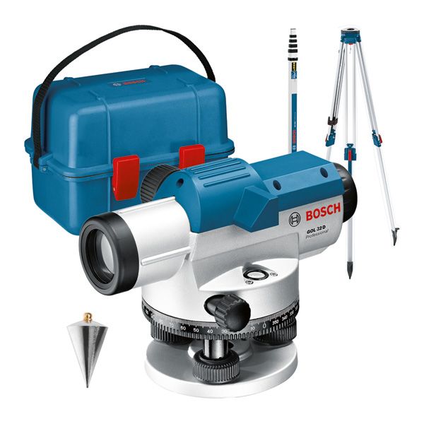 BOSCH Optisches Nivelliergerät GOL 32 D, mit Baustativ BT 160, Messstab GR 500