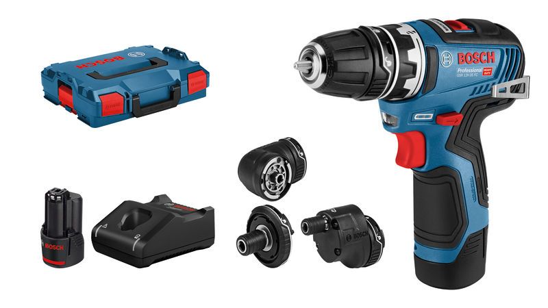 BOSCH Akku-Bohrschrauber GSR 12V-35 FC, mit 2 x 3.0 Ah Li-Ion Akku, 4 Aufsätze, L-BOXX