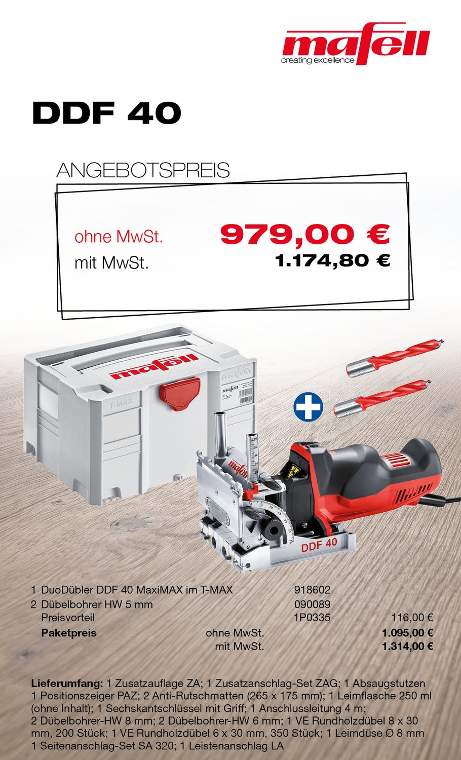 MAFELL DuoDübler DDF 40 MaxiMAX im T-MAX mit Dübelbohrer HW 5 mm
