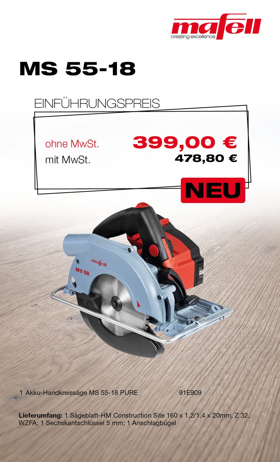 MAFELL Akku-Handkreissäge MS 55-18 PURE
