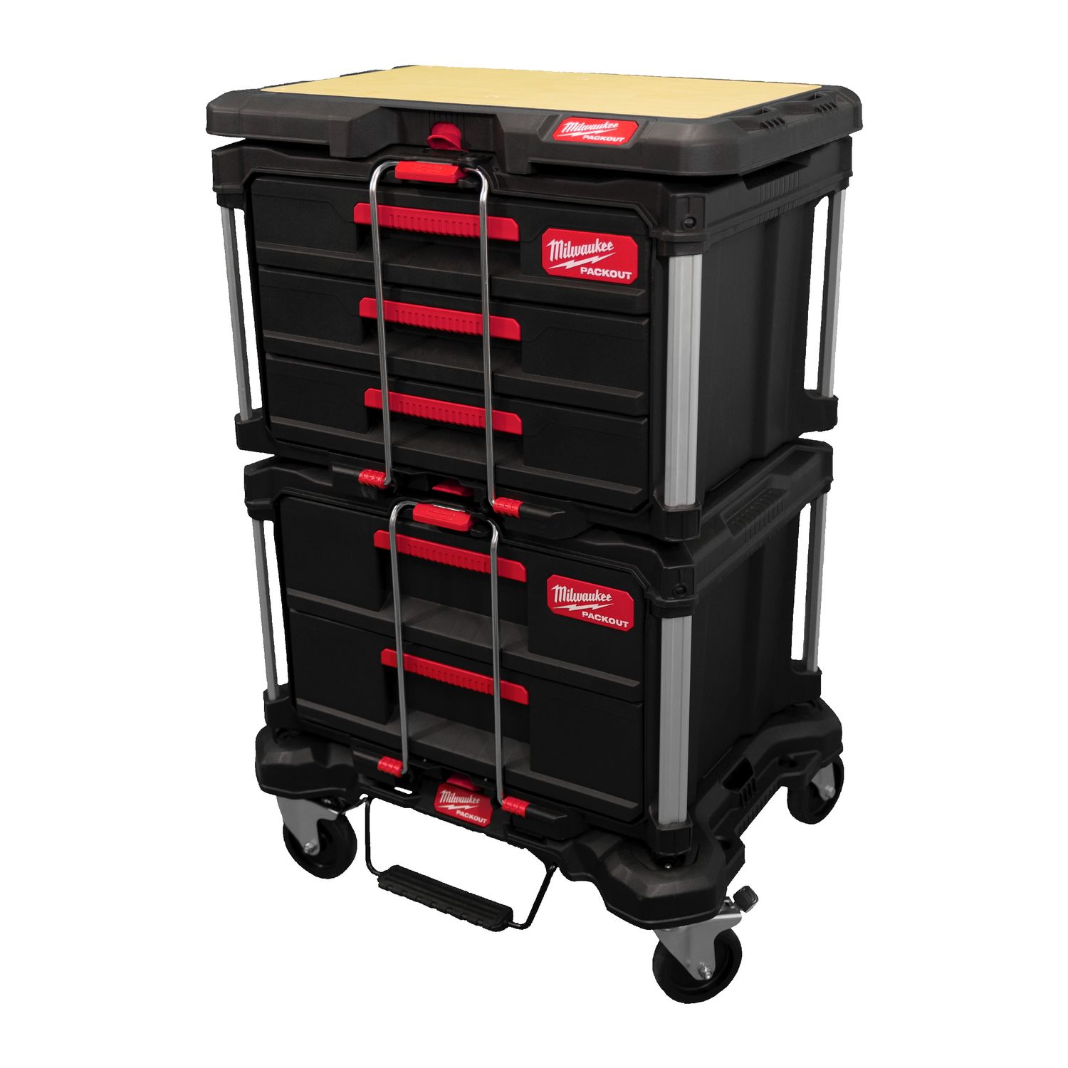 MILWAUKEE PACKOUT Starter-Set Automotive 4-teilig PACKOUT Rollbrett, Koffer mit 2 Schubladen, Koffer mit 3 Schubladen u. Holz-Arbeitsplatte
