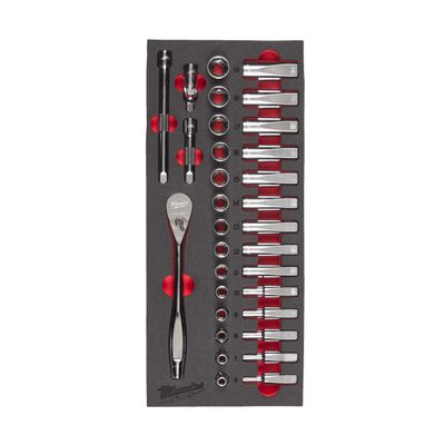 MILWAUKEE 3/8&quot; Ratschen- &amp; Steckschlüsseleinsätze Einlage 32-teilige Einlage für Werkstattwagen 78 cm