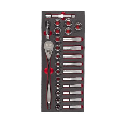 MILWAUKEE 1/2&quot; Ratschen- &amp; Steckschlüsseleinsätze Einlage 28-teilige Einlage für Werkstattwagen 78 cm