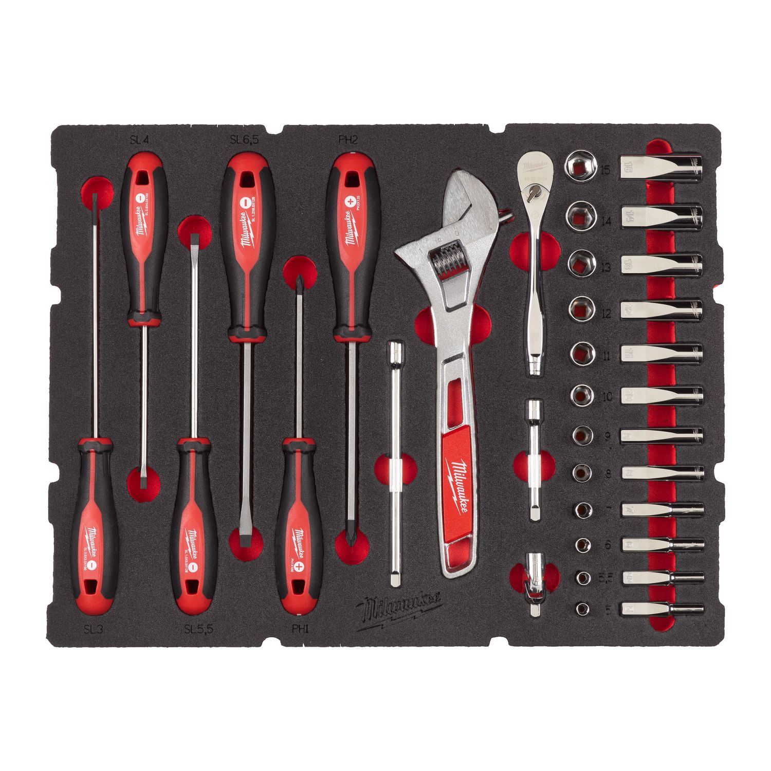MILWAUKEE 1/4&quot; Ratschen- u. Steckschlüsseleinsätze, Tri-Lobe-Schraubendreher &amp; Rollgabelschlüssel Einlage 35-teilige Einlage für PACKOUT Koffer mit Schubladen