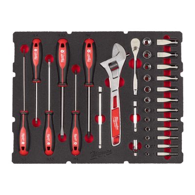 MILWAUKEE 1/4&quot; Ratschen- u. Steckschlüsseleinsätze, Tri-Lobe-Schraubendreher &amp; Rollgabelschlüssel Einlage 35-teilige Einlage für PACKOUT Koffer mit Schubladen