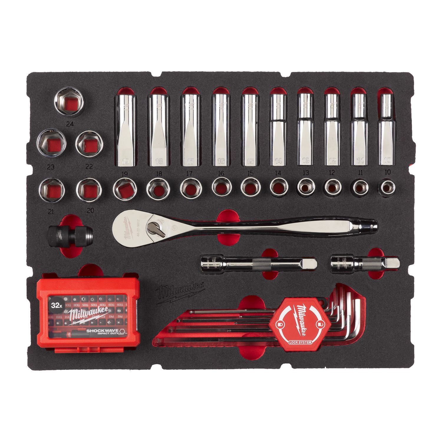 MILWAUKEE Sechskantschlüssel, SHOCKWAVE Bits &amp; 1/2&quot; Ratschen u. Steckschlüsseleinsätze Einlage 70-teilige Einlage für PACKOUT Koffer mit Schubladen