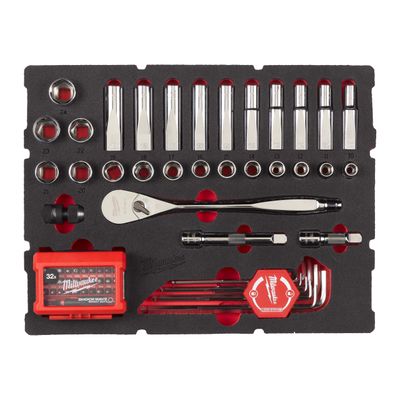 MILWAUKEE Sechskantschlüssel, SHOCKWAVE Bits &amp; 1/2&quot; Ratschen u. Steckschlüsseleinsätze Einlage 70-teilige Einlage für PACKOUT Koffer mit Schubladen