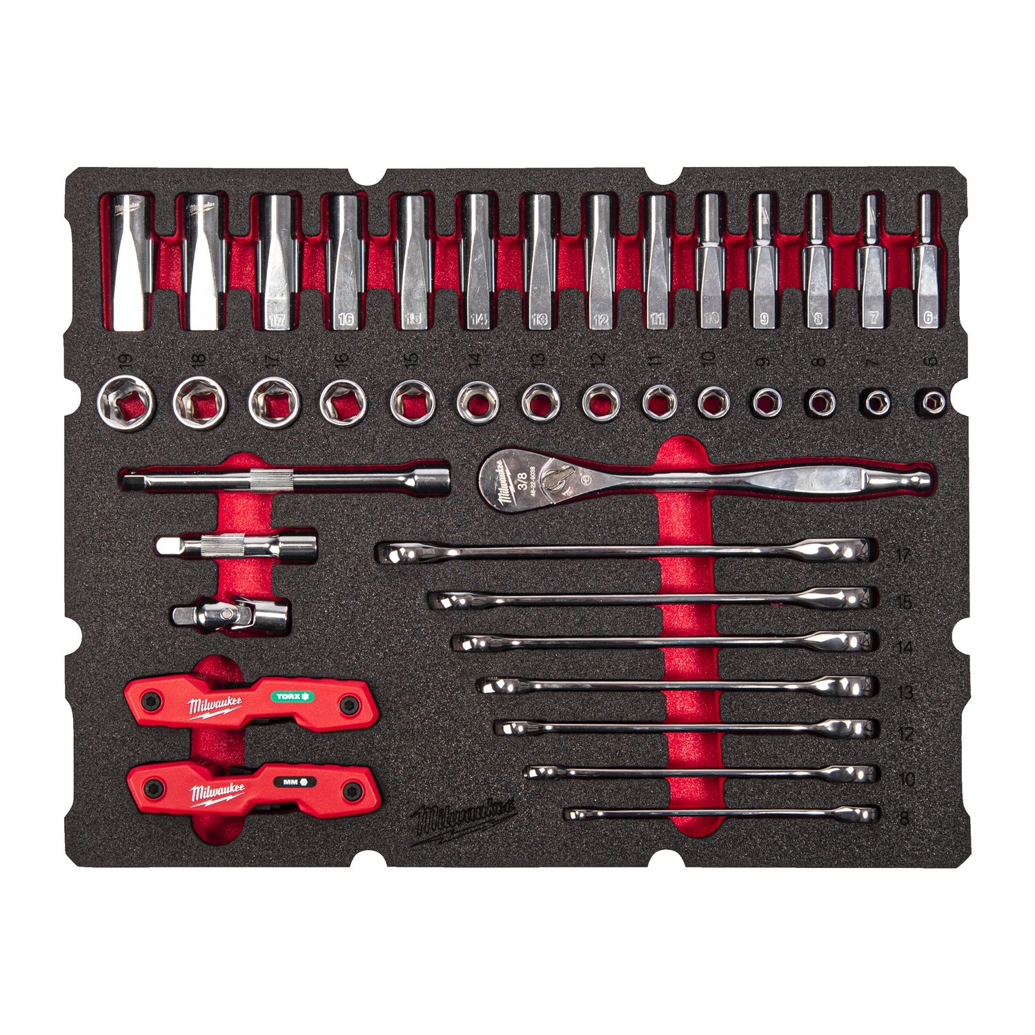 MILWAUKEE 3/8&quot; Ratschen- u. Steckschlüsseleinsätze, Ratschen-Ringmaulschlüssel Einlage 55-teilige Einlage für PACKOUT Koffer mit Schubladen